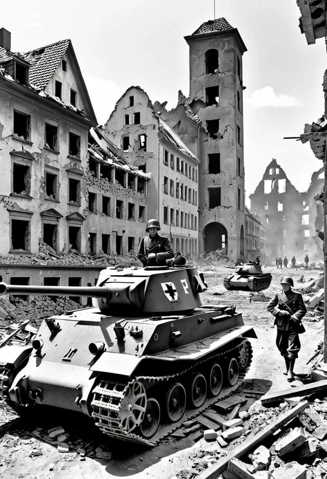 Black and white photo of german soldiers in ww2 in a destroyed city with a panzer tank on the background