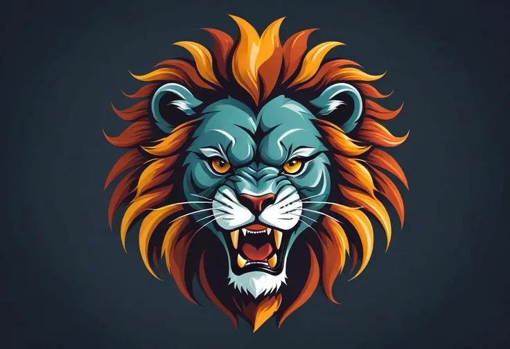 "Produce a striking vector illustration of a ferocious lion head in a 2D flat style, ideal for a football team emblem or logo. Emphasize the lion's furious eyes and fierce expression, creating a centered and attention-grabbing design. Ensure the illustration exudes strength and power while maintaining a clean and symmetrical appearance suitable for a team emblem. Aim for a bold and impactful portrayal of the lion's head, perfect for representing the team's spirit and identity."