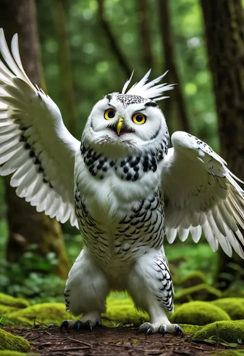 white feathered bearowl having epic fight aganist goblins