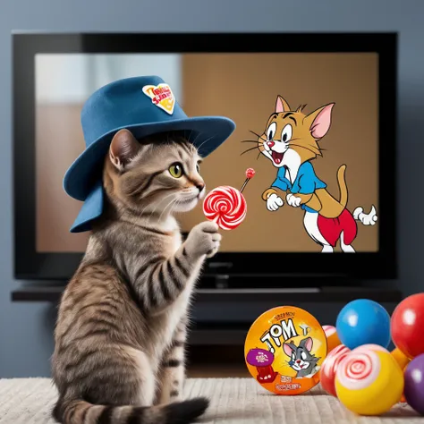 a cat wearing a hat, holding a lollipop and watching a tom and jerry cartoon on a large screen LCD TV
