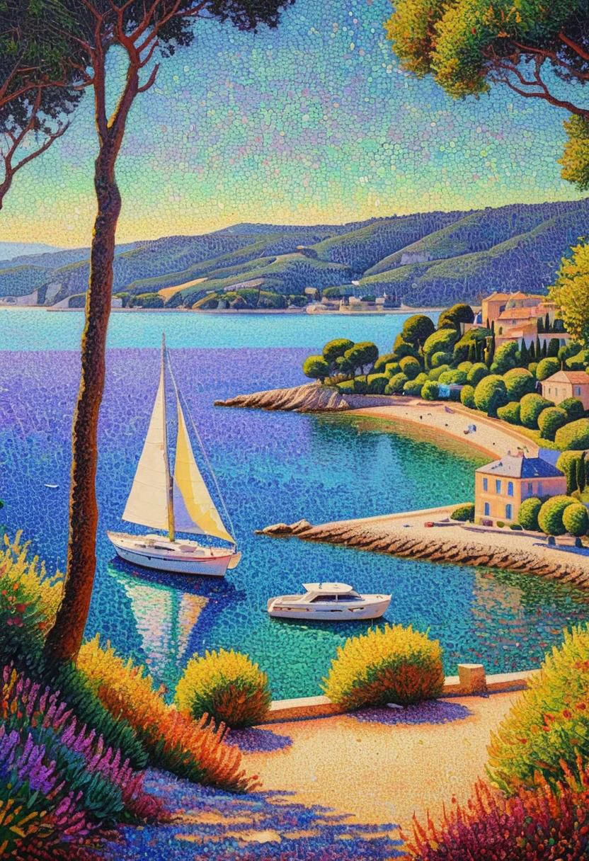French Neo impressionist painting of bay of Montpelier with a Yatch on focus. Painted with pointillist technique with bright flashy colors