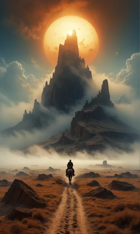 Surreal Old wild west landsscape, hyper surreal sun and clouds Otherworldly fog and dust, hyperrealistic macro photo by Wlop and Zdzislaw Beksinski, Digital painting, Highly detailed, Concept art, Artstation, Intricate, Sharp Focus, Concept Art, Surrealism, Surreal art, Surreal, Artwork<lora:xl_more_art-full_v1:0.3>