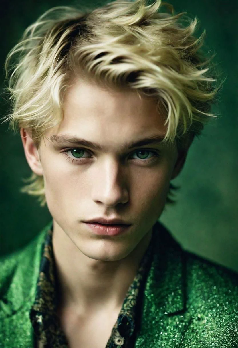 (Sharp Detailed Image) fashion photo of a blonde boy by paolo roversi, green color tones, shallow depth of field, vignette, highly detailed, hyperrealistic, bokeh, epic, gorgeous, film grain, grainy
