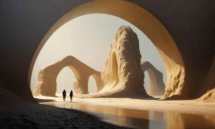 Three silhouetted figures walking along a path made of sand and water towards a glowing white bridge, the bridge illuminated by a warm golden light