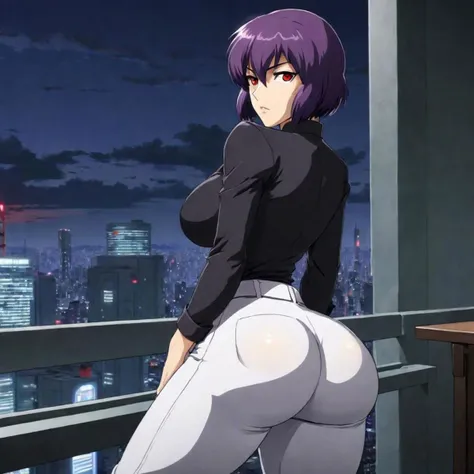 Masterpiece, anime screencap, solo, 30 year old woman in a black shirt, (white pants), (Kusanagi Motoko), short hair, purple hair, red eyes, cleavage, (large breasts), large hips, penthouse, window, 4k, Ghost in the Shell