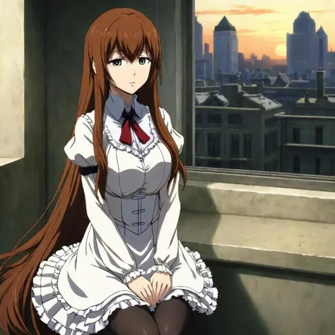 Masterpiece, anime screencap, 20 year old woman in a white frilled dress, (Kurisu Makise), long hair, cleavage, (large breasts), large hips, penthouse, window, 4k, Steins;Gate
