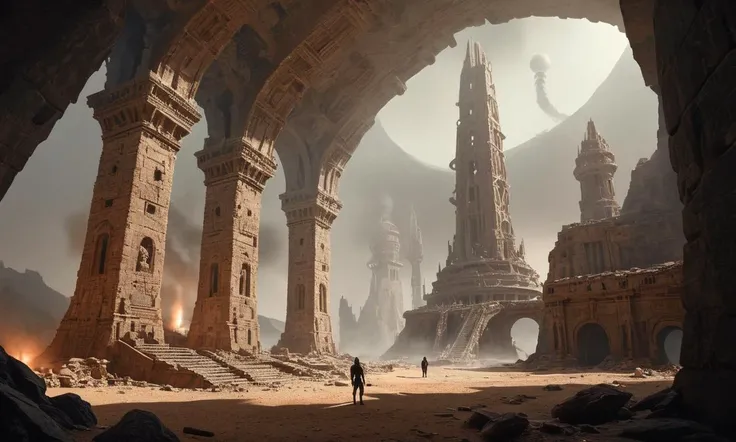 alien-themed A desolate ancient city in ruins, with tall stone structures and a tower partially shrouded in smoke, set against a backdrop of brown and gray . extraterrestrial, cosmic, otherworldly, mysterious, sci-fi, highly detailed