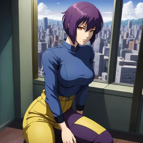 Masterpiece, anime screencap, solo, 29 year old woman in blue pants, yellow shirt, (Kusanagi Motoko), short hair, purple hair, red eyes, cleavage, (large breasts), large hips, penthouse, window, 4k, Ghost in the Shell