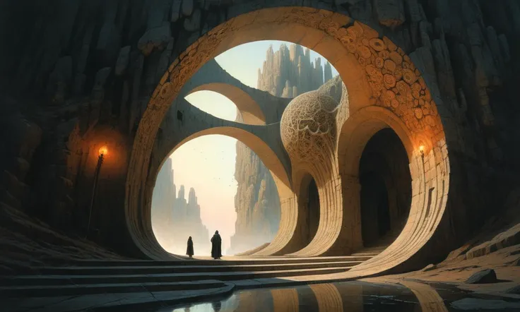 beksinski, A dreamlike scene with a curved stone structure, its surface adorned with circular patterns, set against a rocky landscape with a few trees. Two figures in robes are walking up the stone stairs, which are flanked by pillars and lead to the grand structure