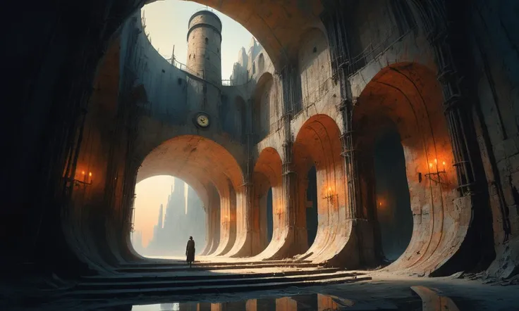 beksinski, A majestic stone structure with a tall, cylindrical tower adorned with a metal railing and clock face, partially built with scaffolding visible, set against a sky of blue and orange hues, suggesting dawn or dusk, on barren ground