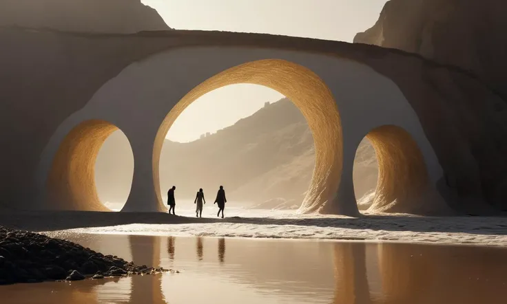 Three silhouetted figures walking along a path made of sand and water towards a glowing white bridge, the bridge illuminated by a warm golden light