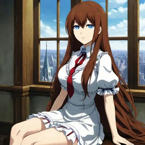 Masterpiece, anime screencap, 20 year old woman in a white frilled dress, (Kurisu Makise), long hair, beautiful blue eyes, cleavage, (large breasts), large hips, penthouse, window, 4k, Steins;Gate
