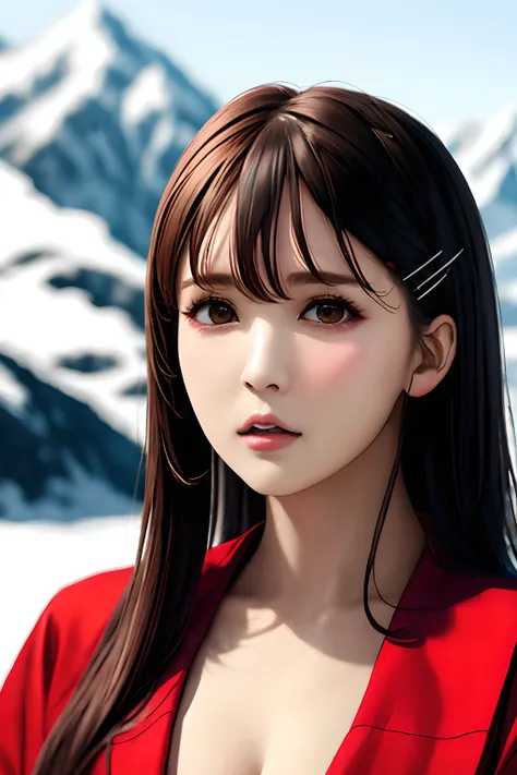 yualora,(raw photo:1.4), (photorealistic:1.3),(masterpiece), best quality, highest quality, extremely detailed CG unity 8k wallpaper, detailed and intricate, original,highres,
1girl,solo,(16yo),extremely detailed_eyes, fingernails,medium breasts,(eyeliner:0.5),(blush:0.5),black hair,long hair,hairclip, looking at viewer,
intricate hair decoration. The young girl in the painting is dressed in a red robe, as if her snow-white face is more delicate under the lining. She slightly tilts her head and her gaze is calm, as if she is thinking about something. The mountains and the sky in the background are finely depicted, making the whole painting look more realistic. ,
(realism: 1.3), (extreme complexity: 1.2), (realistic photo: 1.3), (surrealism: 1.4), volumetric lighting, cinematic lighting, cinematic effects, portrait of a girl.