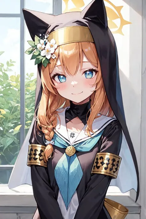 masterpiece, best quality, ultra-detailed, 1girl, armband, bangs, blue neckerchief, blush, braid, closed mouth, flower, habit, hair flower, hair ornament, halo, hat, hat flower, indoors, mari, neckerchief, nun, sailor collar, single braid, smile, solo, upper body, white flower, white sailor collar <lora:mariV1>