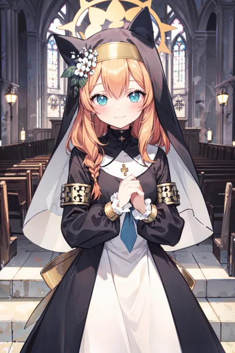 1girl, (masterpiece, top quality, best quality, official art, beautiful and aesthetic,:1.2),
mari, nun, veil, halo, smile, blush, church, indoors, cowboy shot, spot light, god light, (straight on), <lora:mariV1:0.2>