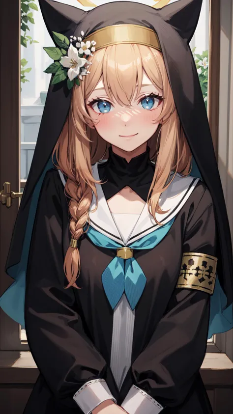 (highly detailed:1.2), (highres:1.2), (mature female:1.2), 1girl, armband, bangs, blue neckerchief, blush, braid, closed mouth, flower, habit, hair flower, hair ornament, halo, hat, hat flower, indoors, mari, neckerchief, nun, sailor collar, single braid, smile, solo, upper body, white flower, white sailor collar <lora:mariV1:0.8>, 
<lora:Mild detail adjusterV10:0.2> <lyco:GoodHands-beta2:1.0> <lyco:[LoConLoRA] pseudo-daylightå½æ¥å Concept:0.2> <lora:LowRA:0.2>