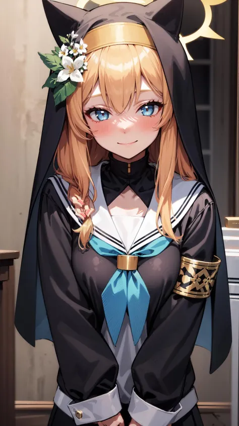 (highly detailed:1.2), (highres:1.2), (mature female:1.2), 1girl, armband, bangs, blue neckerchief, blush, braid, closed mouth, flower, habit, hair flower, hair ornament, halo, hat, hat flower, indoors, mari, neckerchief, nun, sailor collar, single braid, smile, solo, upper body, white flower, white sailor collar <lora:mariV1:0.8>, 
<lora:Mild detail adjusterV10:0.2> <lyco:GoodHands-beta2:1.0> <lyco:[LoConLoRA] pseudo-daylightå½æ¥å Concept:0.2> <lora:LowRA:0.2>