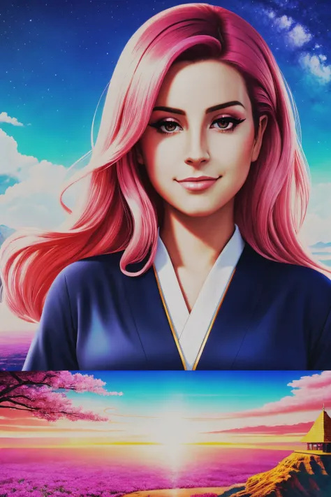 amelie reyhart mid shot close up, pink hair, young, makeup, naughty smile,
beautiful face, masterpiece, highres, realistic,
hakama short skirt,
Sky islands and floating and mystical aura,
<lora:amelie_reyhart:0.95>