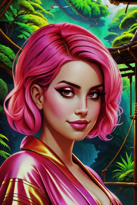 amelie reyhart mid shot close up, pink hair, young, makeup, naughty smile,
beautiful face, masterpiece, highres, realistic,
Robe,
Rainforest and hanging bridges and exotic birds,
<lora:amelie_reyhart:0.85>