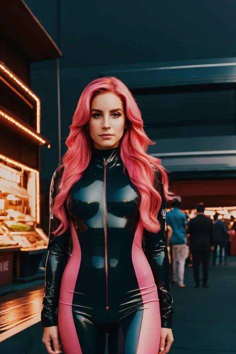 amelie reyhart standing, pink hair, young, makeup, sad,
beautiful face, masterpiece, highres, realistic,
racing suit,
Sunset at a bustling marketplace,
<lora:amelie_reyhart:0.85>