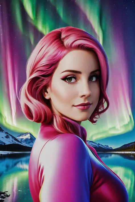 amelie reyhart mid shot close up, pink hair, young, makeup, happy,
beautiful face, masterpiece, highres, realistic,
Chaps,
Frozen lake and aurora borealis overhead,
<lora:amelie_reyhart:0.85>