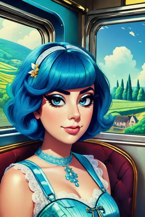 rana vadel middle shot close up, upper body, blue hair, young, makeup, happy,
beautiful face, masterpiece, highres, cartoon, pixar, animation,
lace trim,
Vintage train journey and countryside views,
 <lora:rana_vadel:0.85>