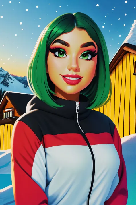 dianna livy standing close up, middle shot, upper body, young, makeup, smiling,
beautiful face, masterpiece, highres, cartoon, pixar, drawing,
jammers, (green hair:0.8),
Snowy mountain lodge and ski slopes
<lora:dianna_livy:0.80>