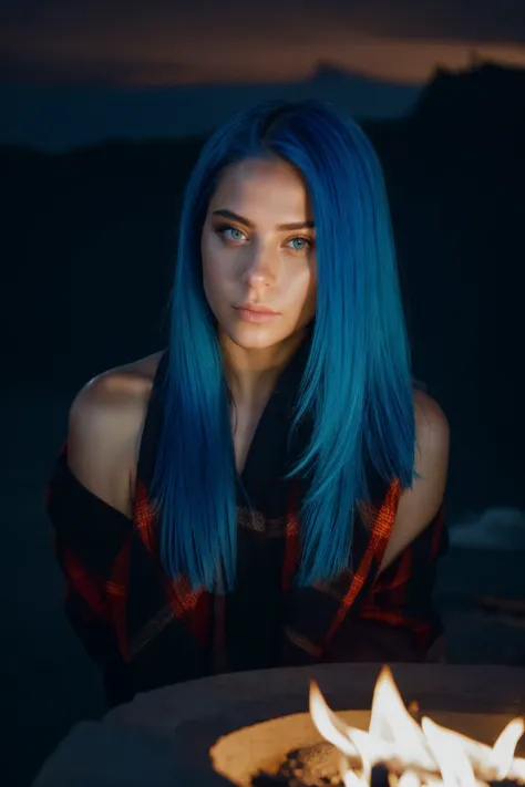 rana vadel middle shot close up, upper body, blue hair, young, makeup, shocked,
beautiful face, masterpiece, highres, realistic,
Plaid,
Nighttime bonfire and beach party,
 <lora:rana_vadel:0.8>