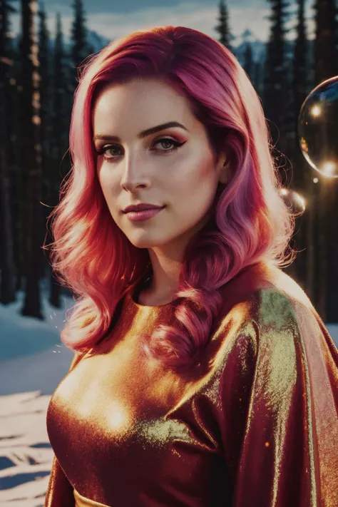 amelie reyhart mid shot close up, pink hair, young, makeup, happy,
beautiful face, masterpiece, highres, realistic,
bubble skirt,
Northern village and midnight sun,
<lora:amelie_reyhart:0.85>