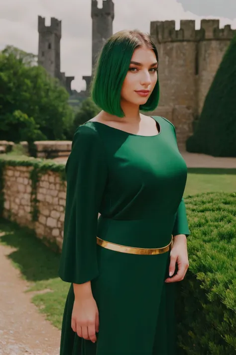 dianna livy standing close up, middle shot, upper body, young, makeup, naughty smile,
beautiful face, masterpiece, highres, realistic,
dress flower, green hair,
Medieval village and castle on hill
<lora:dianna_livy:0.9>