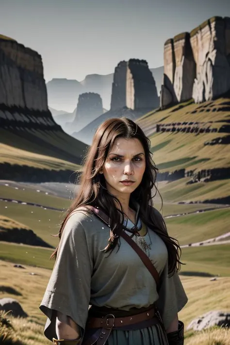 a portrait of a fierce viking bowmaiden, embodying bravery and resilience in a rugged landscape,