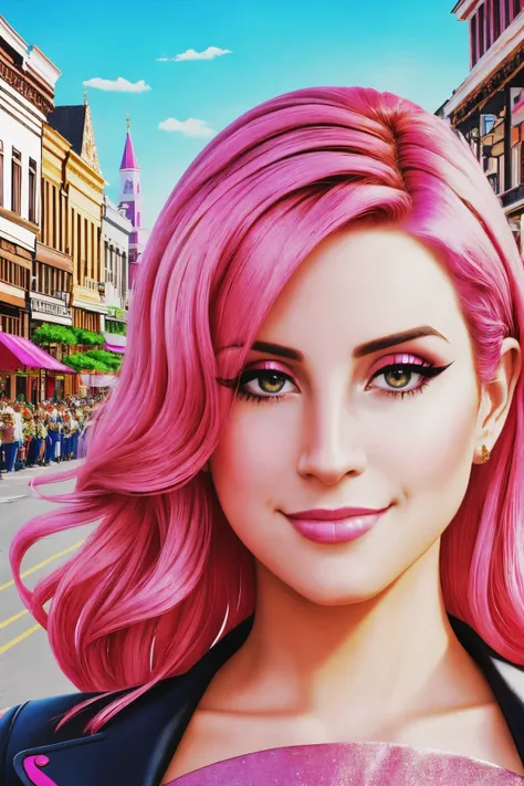 amelie reyhart mid shot close up, pink hair, young, makeup, smile,
beautiful face, masterpiece, highres, realistic,
reverse outfit,
Small town main street and parade,
<lora:amelie_reyhart:0.85>