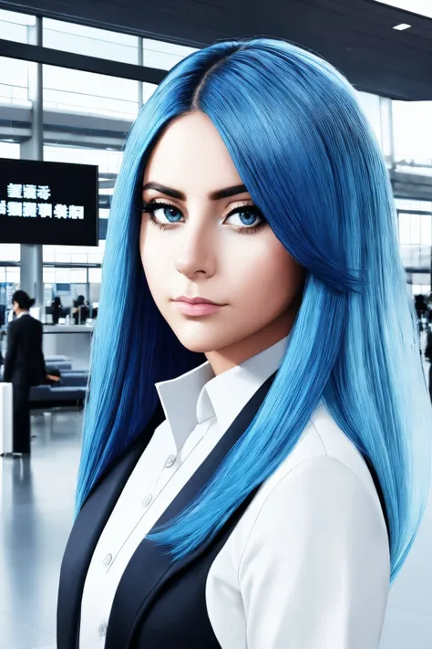 rana vadel middle shot close up, upper body, blue hair, young, makeup, serious look,
beautiful face, masterpiece, highres, realistic,
revealing clothes,
Busy airport terminal and travelers,
 <lora:rana_vadel:0.85>