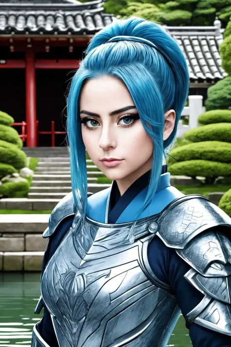 rana vadel middle shot close up, upper body, blue hair, young, makeup, serious look,
beautiful face, masterpiece, highres, realistic,
armored dress,
Traditional Japanese garden and serene pond,
 <lora:rana_vadel:0.85>