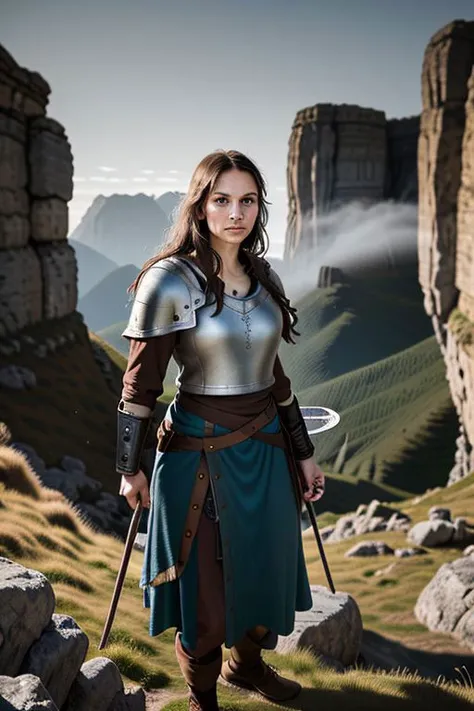 a portrait of a fierce viking bowmaiden, embodying bravery and resilience in a rugged landscape,