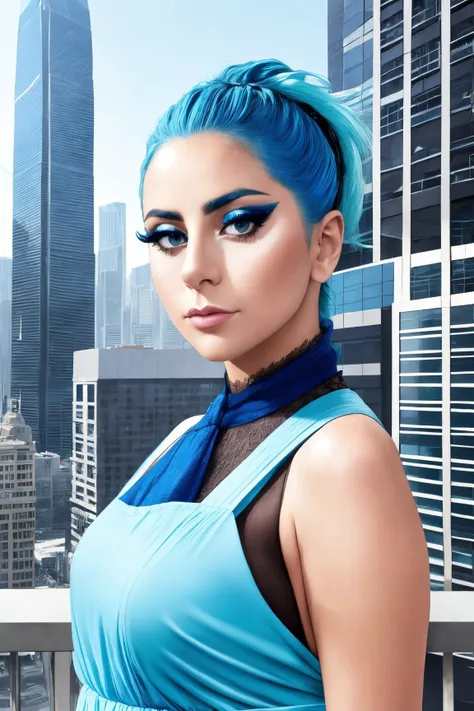 rana vadel middle shot close up, upper body, blue hair, young, makeup, shocked,
beautiful face, masterpiece, highres, realistic,
Smock,
Downtown skyscrapers and bustling lunch hour,
 <lora:rana_vadel:0.85>