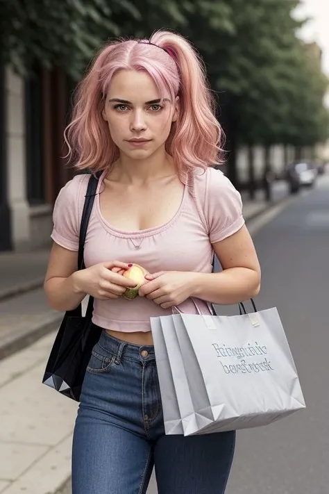 Amelie Reyhart, pink hair, Outside, summer day, Carrying a bag of groceries down the street, facing viewer,
perfecteyes eyes, photorealistic,
crisp detail, sharp focus, visible skin pores, even skin tone all over body