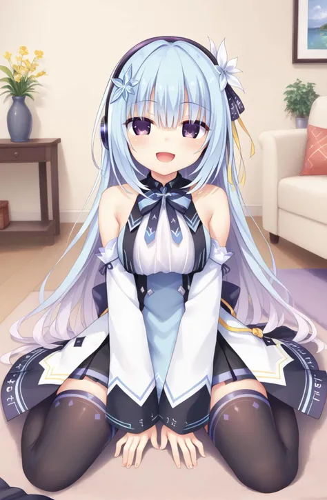 (high resolution)<lora:omeme_momo:0.5><lora:nishiki asumi_hamidashi creative_PONY_last:1>asumi-vtuber,purple eyes,blue hair,long hair,hair flower,hair ornament,hair ribbon is yellow,headphones,detached sleeves,dress, short dress,black thighhighs,ankle boots,black footwear,put one hand on your chest,(smile),living room,open your mouth,from the chest up,sit flat on the floor with one's legs bent backwards