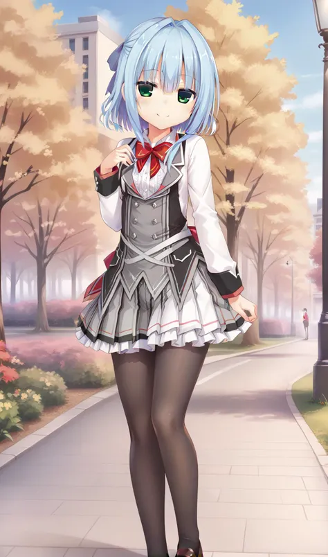 <lora:nishiki asumi_hamidashi creative_PONY_last:1>asumi-default,school uniform,green eyes,blue hair,smile,hair ribbon,school uniform, red bow,frills,shirt,pleated skirt,frilled skirt,black pantyhose,loafers,background park,noon