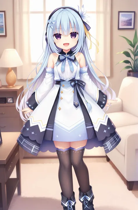 (high resolution)<lora:omeme_momo:0.5><lora:nishiki asumi_hamidashi creative_PONY_last:1>asumi-vtuber,purple eyes,blue hair,long hair,hair flower,hair ornament,hair ribbon is yellow,headphones,detached sleeves,dress, short dress,black thighhighs,ankle boots,black footwear,put one hand on your chest,(smile),living room,open your mouth,from the chest up,