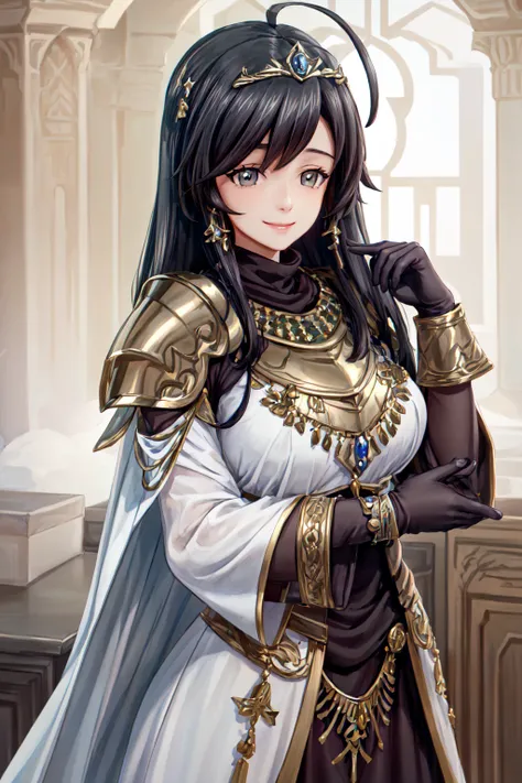 masterpiece, best quality, ultra detailed, highest resolution, perfect anatomy, girls und panzer, (1girl), solo, (isuzu hana), ((ahoge)), ((((wearing Paladin_glam armor)))), ((((armor decorated with jewels)))), ((((paladin armor)))), (((opulent middle eastern palace)))), ((((wearing a Moroccan caftan)))),((Moroccan style, Middle-Eastern style:1.2)), blush, lipstick,  golden earrings, tiara with jewels, smile