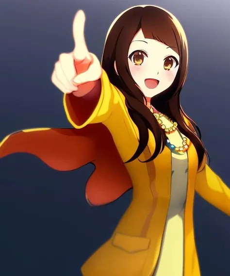 <lora:pixai minorin 2.5D any5 real:0.85>, minorin, chihara minori, medium dark hair, swept parted bangs, 1 adult woman, brown eyes, smile, pointing, open mouth, outstretched arm, solo, brown hair, :d, bangs, long hair, blush, blue dress under open yellow jacket, arm up, open clothes, long sleeves, bead necklace,intricately detailed, highres 4k, hdr, diffuse dynamic lighting, cinematic shading, rtx on , masterpiece, best quality, seiyuu, voice actor,