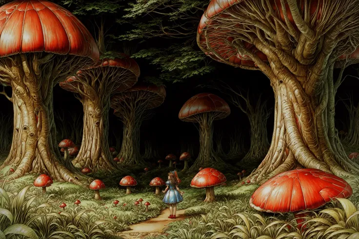 druuna style, pencil draw, [greyscale:full color:0.1] , (Alice in the wonderland:1.2) girl full body in (giant red mushroom forest:1.1), 8k wallpaper, <lora:SD15_druuna_style:1.5>