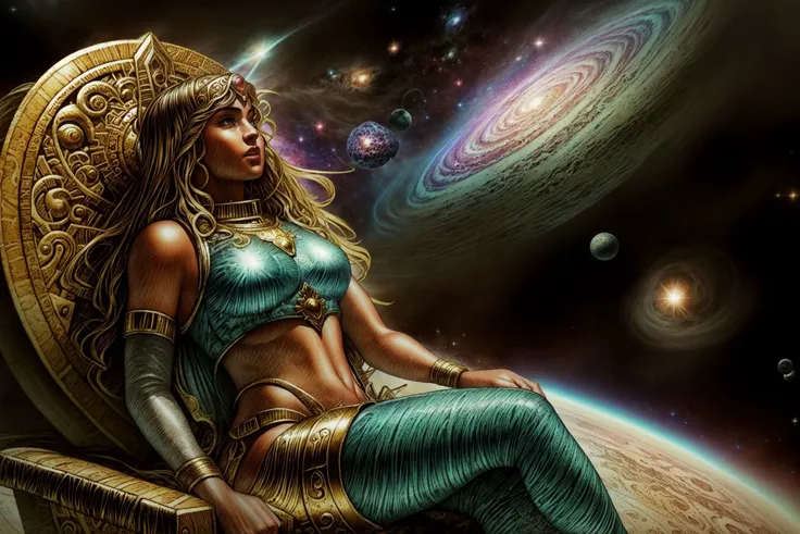 (Hyper Realistic, best quality),8k,(realistic, photo-realistic:1.5), Masterpiece,ultra high res, Stunning, ((Beautiful 35 years old Brazilian Milf Woman), (Suntan-Skin:1.5), (Athletic_Body-ABS:1.4), (fleshy luscious lips:1.3), (Sitting on a Futuristic Throne on Space Galaxy:1.4)), ((Gorgeous Long Hair Bangs:1.4), (Blonde Hair:1.4)), ((Sexy Egyptian Jewels Underwear with Galaxy Bioluminescen Effects Long Sleeves:1.4), (Egyptian sphinx helmet:1.4), (Intricate Isometric Galaxy Cloak:1.4), (high detailed skin:1.3), (Cleft_Chin:1.3), (Soft-Light:1.5), (Perfect Face:1.4), (detailed eyes:1.4), naughty face, looking at viewer, Sexy, full-body,natural lighting, volumetric lighting, (Film grain, Fujifilm XT3, 8k uhd, dslr, Lens), (maximalist photo 8k resolution, intricately detailed, complex, elegant, expansive, fantastica), high quality,(RAW photo, best quality),hollywood lips, wide jaw line, wide lips, narrow beautiful nose