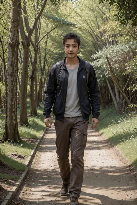 a portrait of jir0_n0texist wearing a nerdy clothes, walking down a quiet forest path, [centre frame], looking at the camera, facing the camera, dynamic lighting, photorealistic, high detail, detailed, masterpiece, 8k, highres, flawless, colour, professional