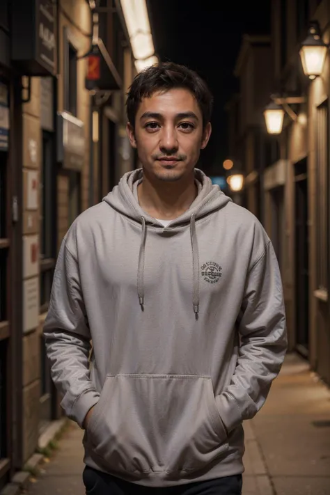 a portrait of jir0_n0texist wearing a hoodie, walking down an alleyway at night. [centre frame], looking at the camera, facing the camera, dynamic lighting, photorealistic, high detail, detailed, masterpiece, 8k, highres, flawless, colour, professional