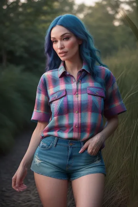 DEN_velvetine_SG,
(walking through a tallgrass meadow wearing (Jean shorts:1.3) and (plaid shirt:1.3), meadow, wild, overgrown, walking,:1.2),
bokeh, f1.4, 40mm, photorealistic, raw, 8k, textured skin, skin pores, intricate details <lora:epi_noiseoffset2:1>, epiCRealism <lora:ClothingAdjuster3:-1>