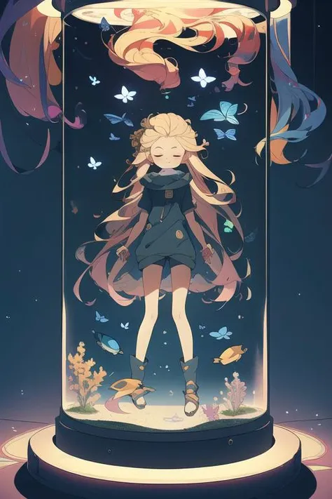masterpiece, best quality, illustration,
,bug, butterfly, cloud, flying, night, night_sky, sky, solo, space, star_\(sky\), starry_sky, machinery, aquarium,
 1girl,,cultivation tank, underwater,round glass,full  body, closed eyes,
 (disheveled hair),[orange hair:purple buttom hair:0.8],forehead,zoe,long hair,