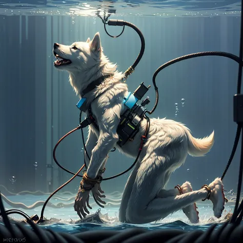 (raw photo, ultra realistic, Best quality, masterpiece, 8k uhd, HDR, extreme detailed, intricate details, professional, vivid colors),
((a bioluminescent giant-sized husky in cultivation tank, lying, smooth fur:1.3, no humans)),
biophylltech, glass, fully-organic, bio, bioluminescent, utopia,
((character focus, bubble, air bubble, submerged, anklet, convenient censoring, freediving,
wires and cables attaching to head:1,
wires and cables attaching to neck:1,
wires and cables attaching to belly:1,
wires and cables attaching to arms:1,
wires and cables attaching to legs:1,
mechanical cervial attaching to neck:1)),
from side, (cinematic lighting, ray tracing, vray tracing),
<lora:cultivation_tank_lora01:0.7>, <lora:BiophyllTech:0.3>