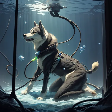 (raw photo, ultra realistic, Best quality, masterpiece, 8k uhd, HDR, extreme detailed, intricate details, professional, vivid colors),
((a bioluminescent giant-sized husky in cultivation tank, lying, smooth fur:1.3, no humans)),
biophylltech, glass, fully-organic, bio, bioluminescent, utopia,
((character focus, bubble, air bubble, submerged, anklet, convenient censoring, freediving,
wires and cables attaching to head:1,
wires and cables attaching to neck:1,
wires and cables attaching to belly:1,
wires and cables attaching to arms:1,
wires and cables attaching to legs:1,
mechanical cervial attaching to neck:1)),
from side, (cinematic  lighting, ray tracing, vray tracing),
<lora:cultivation_tank_lora01:0.7>,  <lora:BiophyllTech:0.3>